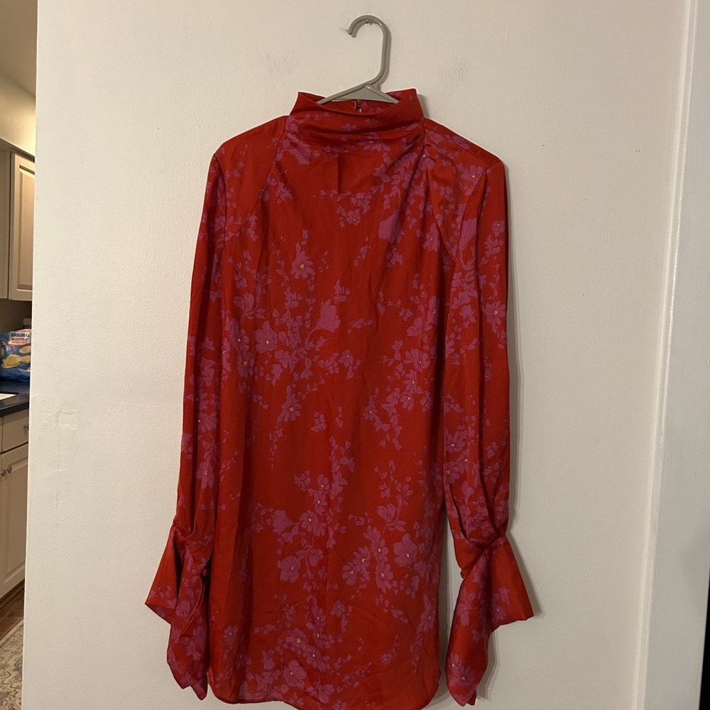 Free People Red Mini Dress with Pink Floral Pattern